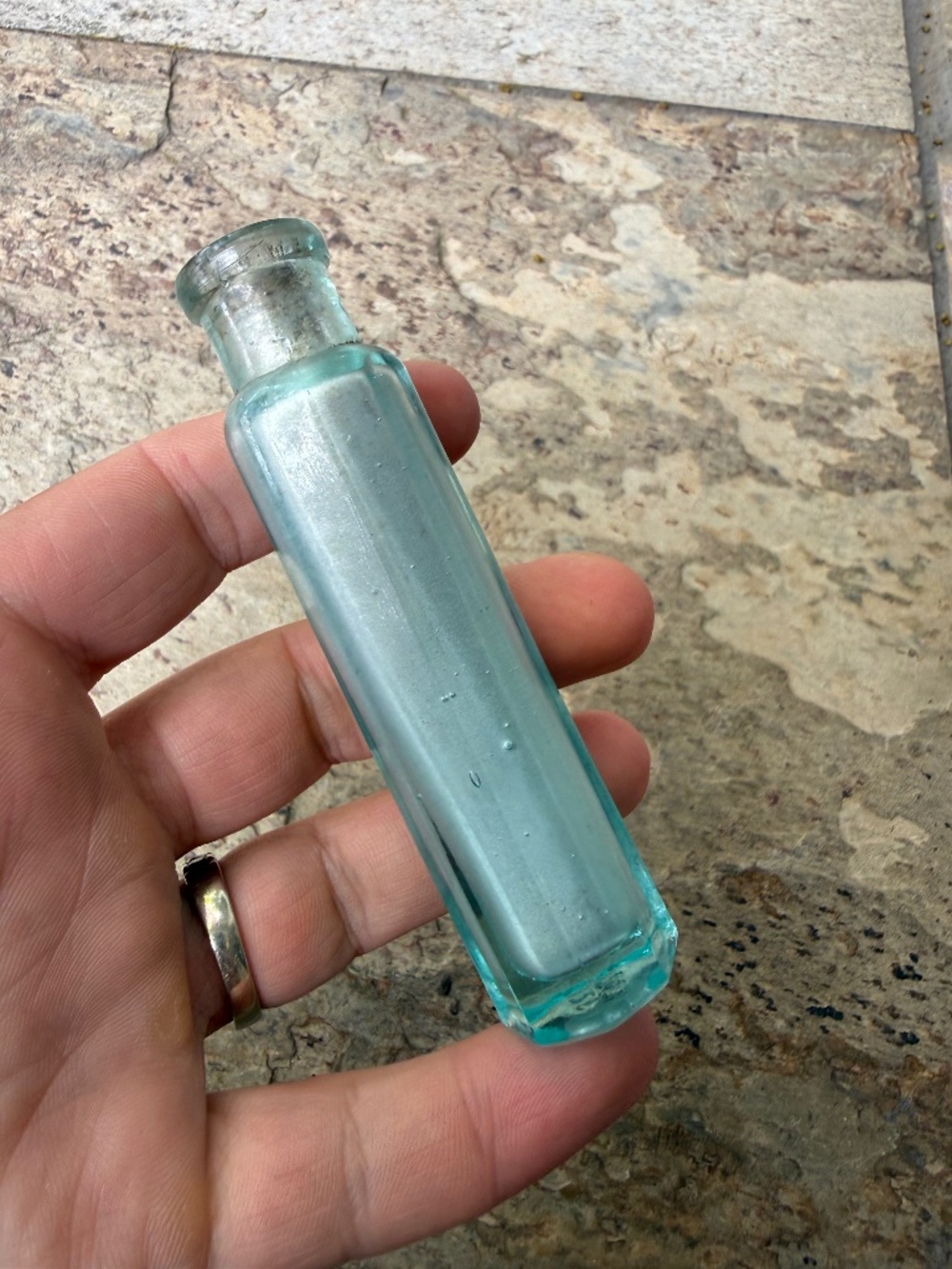 Antique 3.75” Blue Green Flask Medicine Bottle Multi Sided Paneled Apothecary.